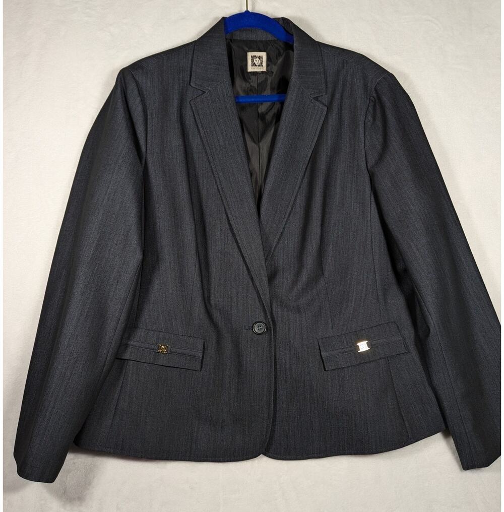 Anne Klein Lion Logo Blazer blue black Single Button office Jacket Size 14 EUC